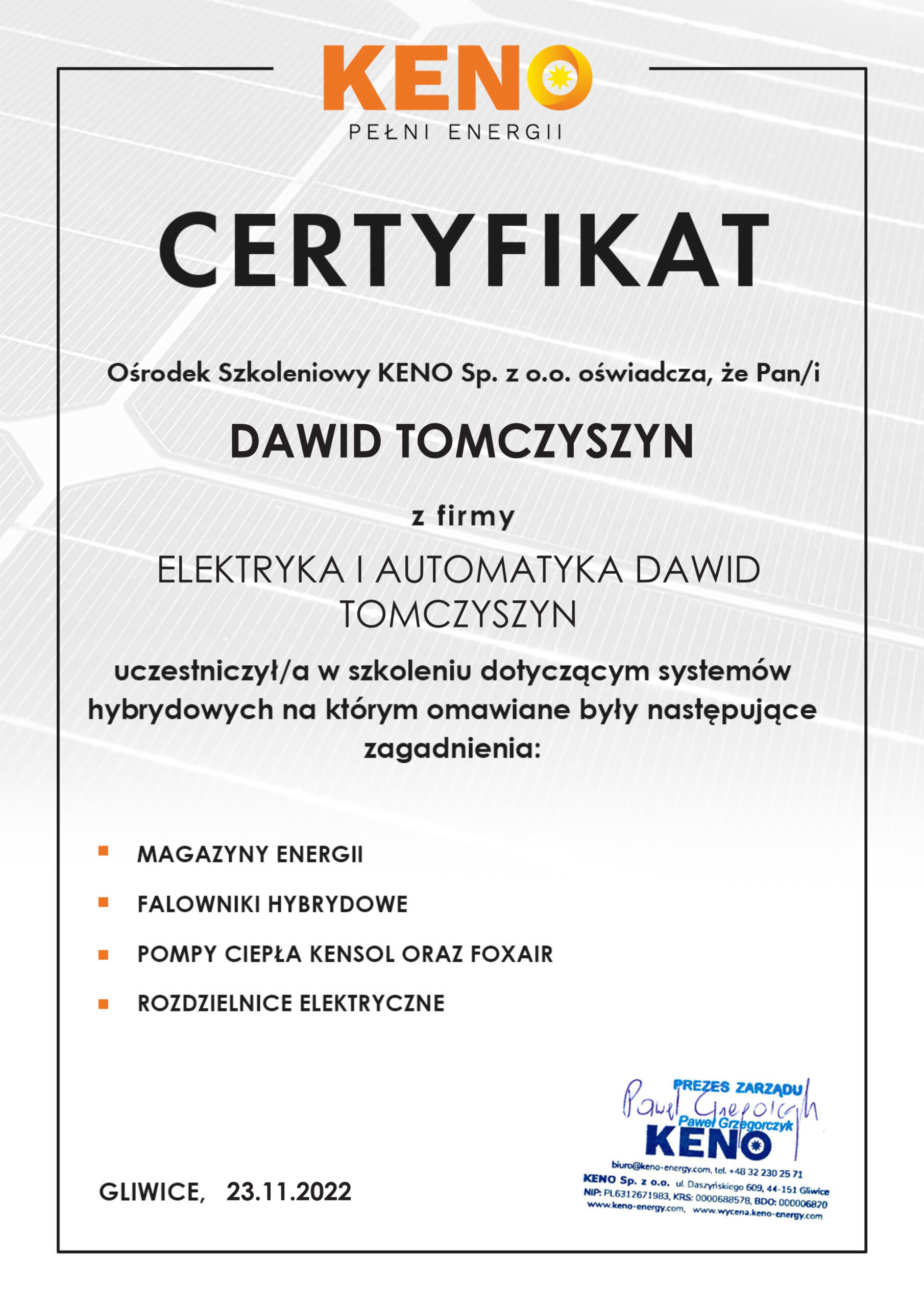 Certyfikat szkoleniowy 1